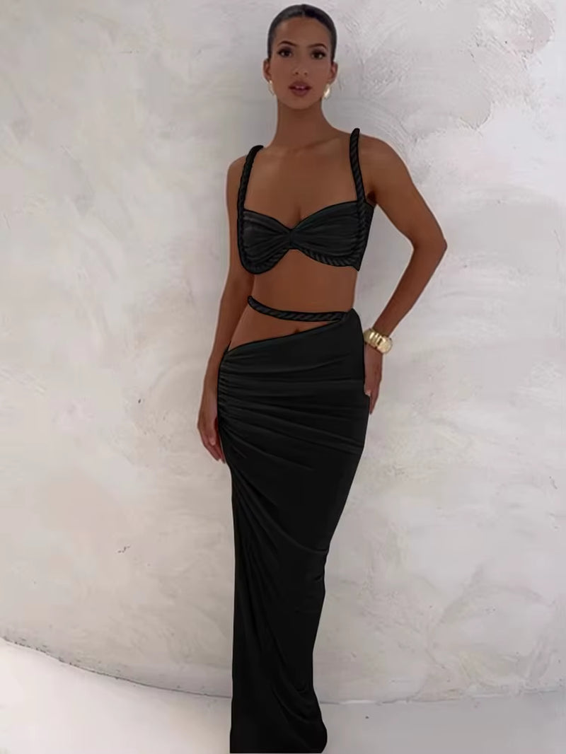 Bandage Ruched 2 Piece Set Women Square Collar Bra+Skinny Long Skirts 2025 Summer Vacation Beach Party Trend Suits