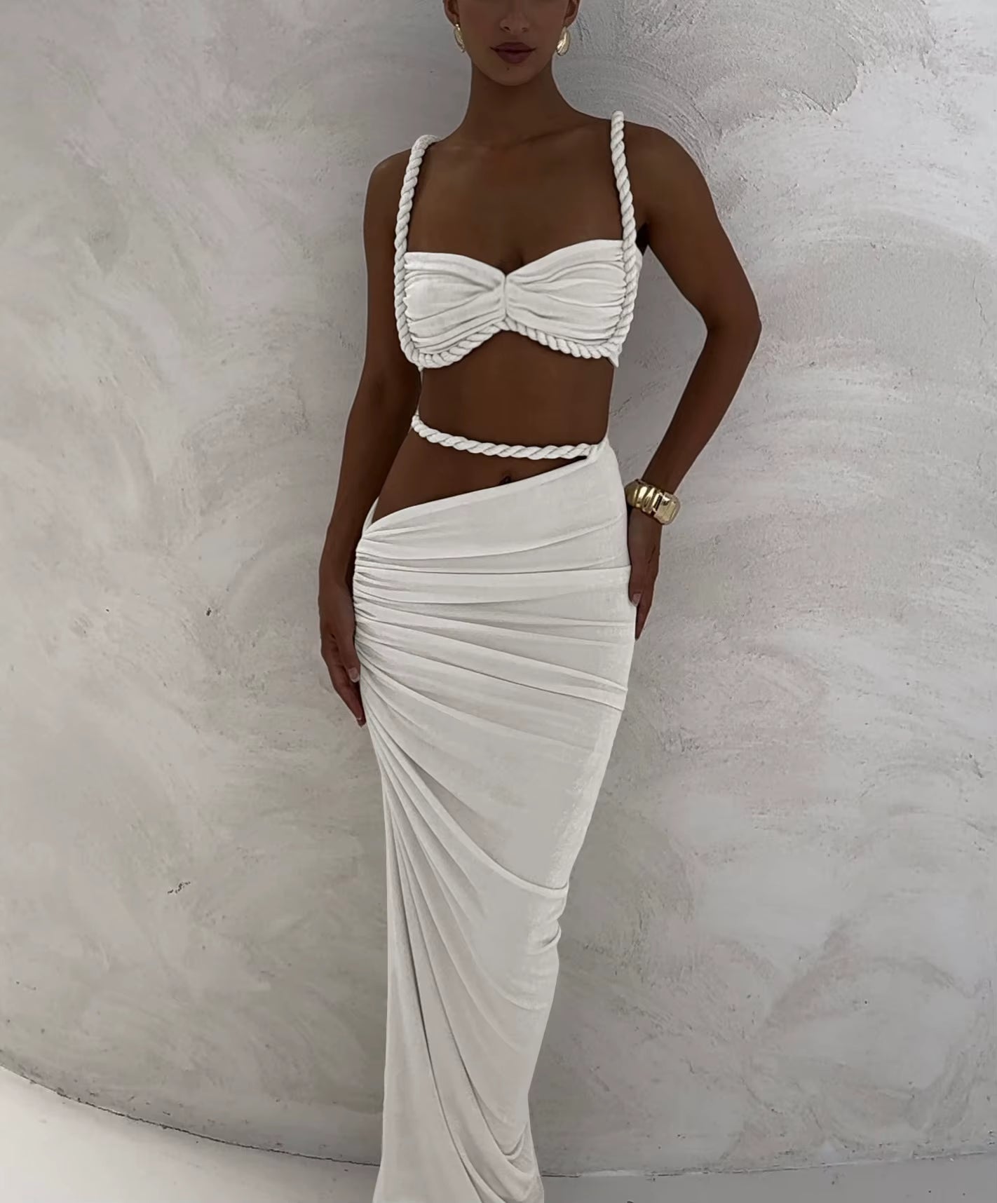 Bandage Ruched 2 Piece Set Women Square Collar Bra+Skinny Long Skirts 2025 Summer Vacation Beach Party Trend Suits