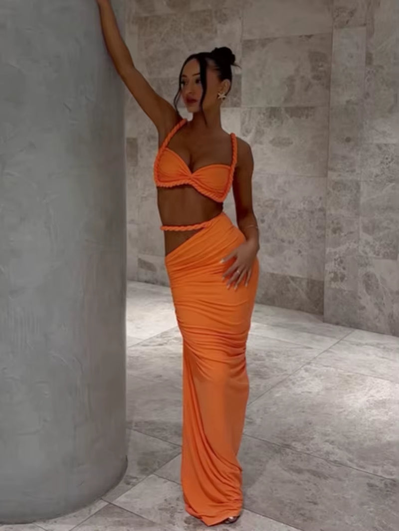 Bandage Ruched 2 Piece Set Women Square Collar Bra+Skinny Long Skirts 2025 Summer Vacation Beach Party Trend Suits