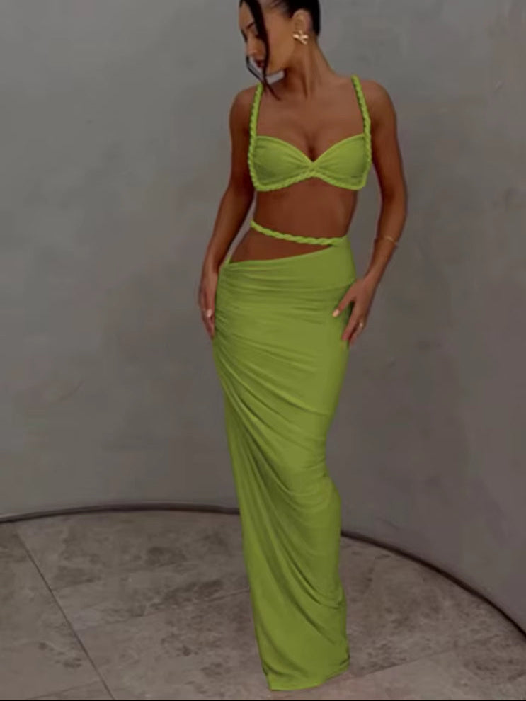 Bandage Ruched 2 Piece Set Women Square Collar Bra+Skinny Long Skirts 2025 Summer Vacation Beach Party Trend Suits