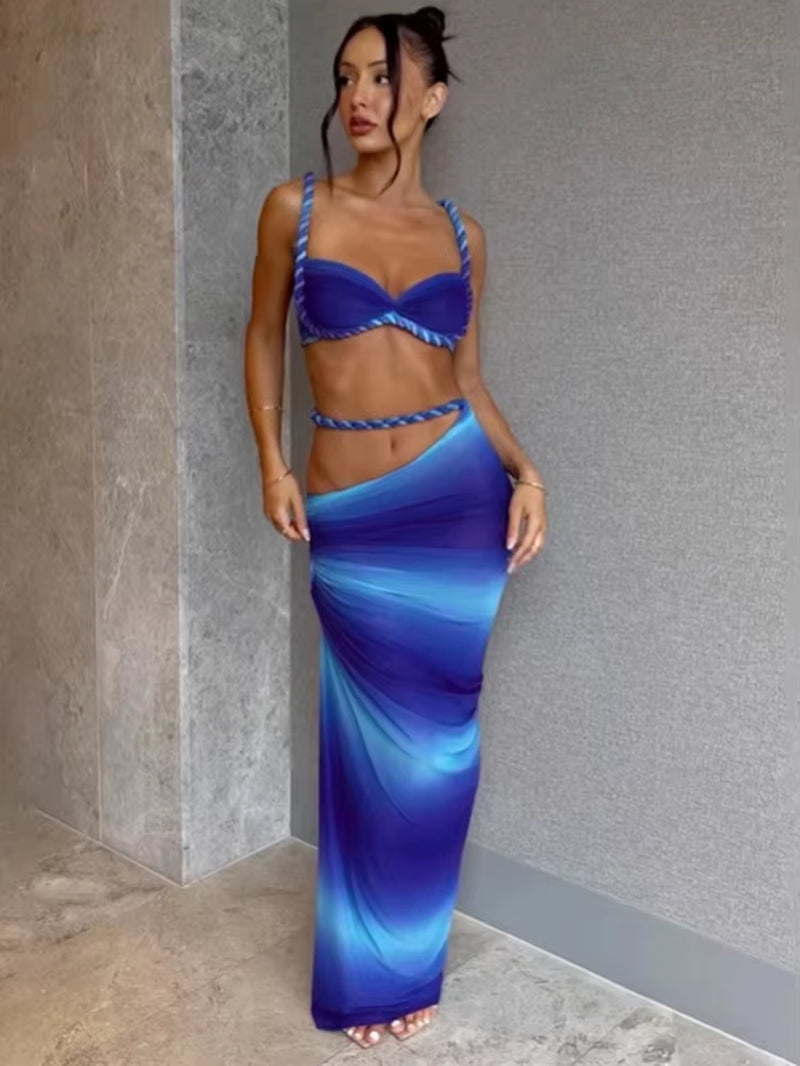 Bandage Ruched 2 Piece Set Women Square Collar Bra+Skinny Long Skirts 2025 Summer Vacation Beach Party Trend Suits