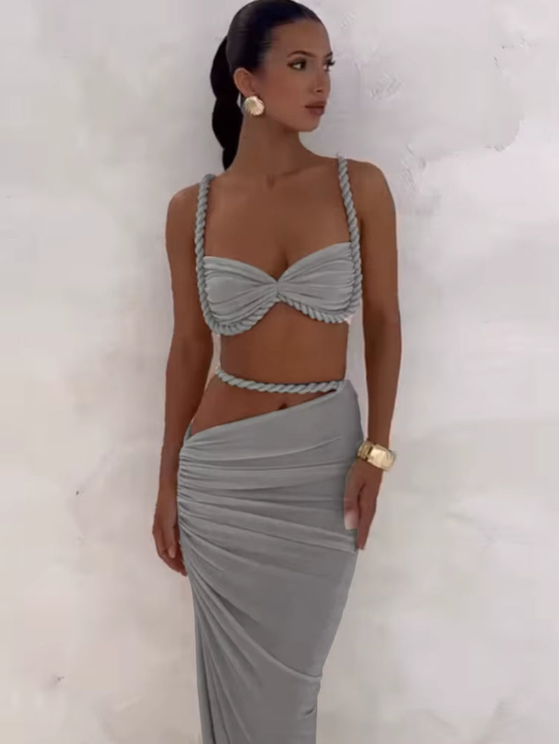 Bandage Ruched 2 Piece Set Women Square Collar Bra+Skinny Long Skirts 2025 Summer Vacation Beach Party Trend Suits