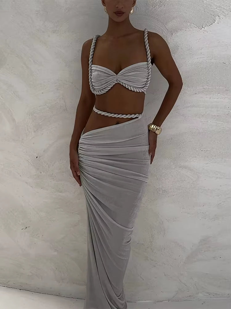 Bandage Ruched 2 Piece Set Women Square Collar Bra+Skinny Long Skirts 2025 Summer Vacation Beach Party Trend Suits