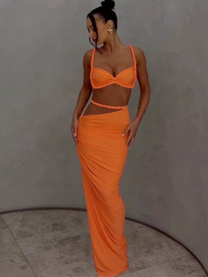 Bandage Ruched 2 Piece Set Women Square Collar Bra+Skinny Long Skirts 2025 Summer Vacation Beach Party Trend Suits