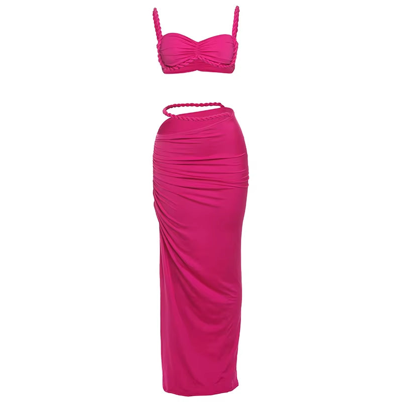 Bandage Ruched 2 Piece Set Women Square Collar Bra+Skinny Long Skirts 2025 Summer Vacation Beach Party Trend Suits